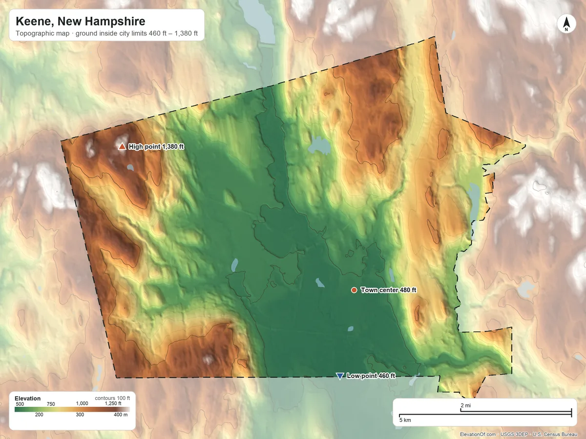 Topographic elevation map of Keene, New Hampshire, shaded from 460 ft on the south side to 1,380 ft on Grays Hill