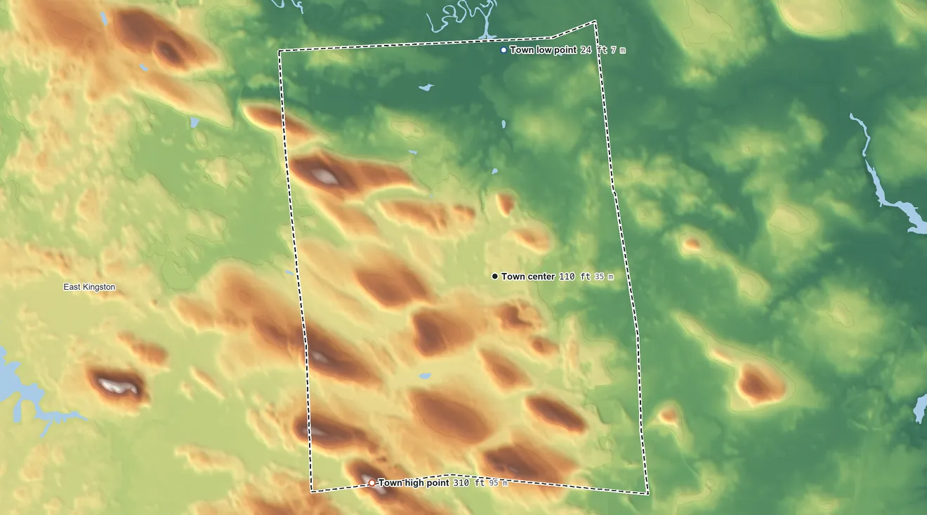 Topographic elevation map of Kensington, New Hampshire, shaded from 24 ft on the north side to 310 ft on Indian Ground Hill