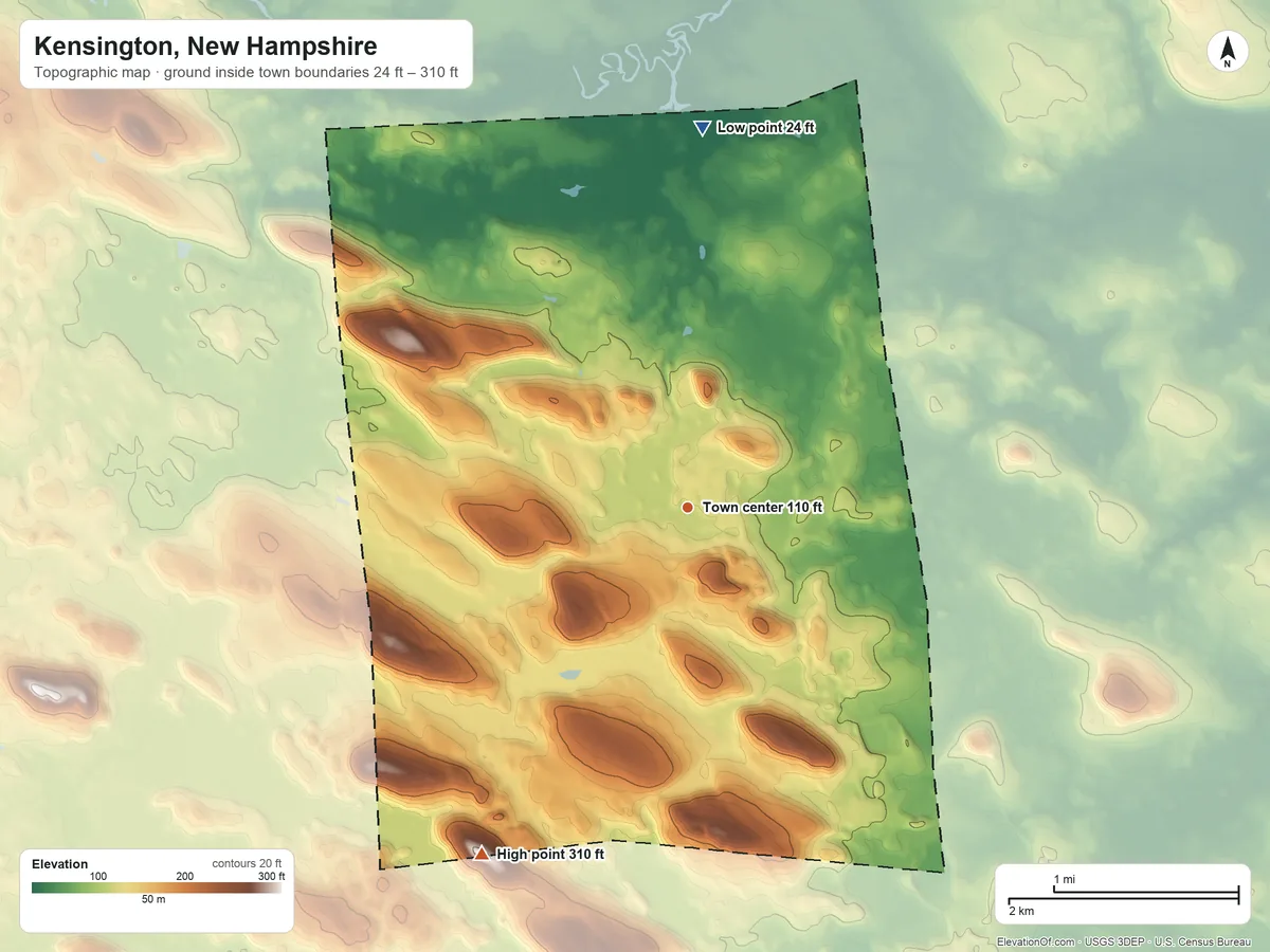 Topographic elevation map of Kensington, New Hampshire, shaded from 24 ft on the north side to 310 ft on Indian Ground Hill