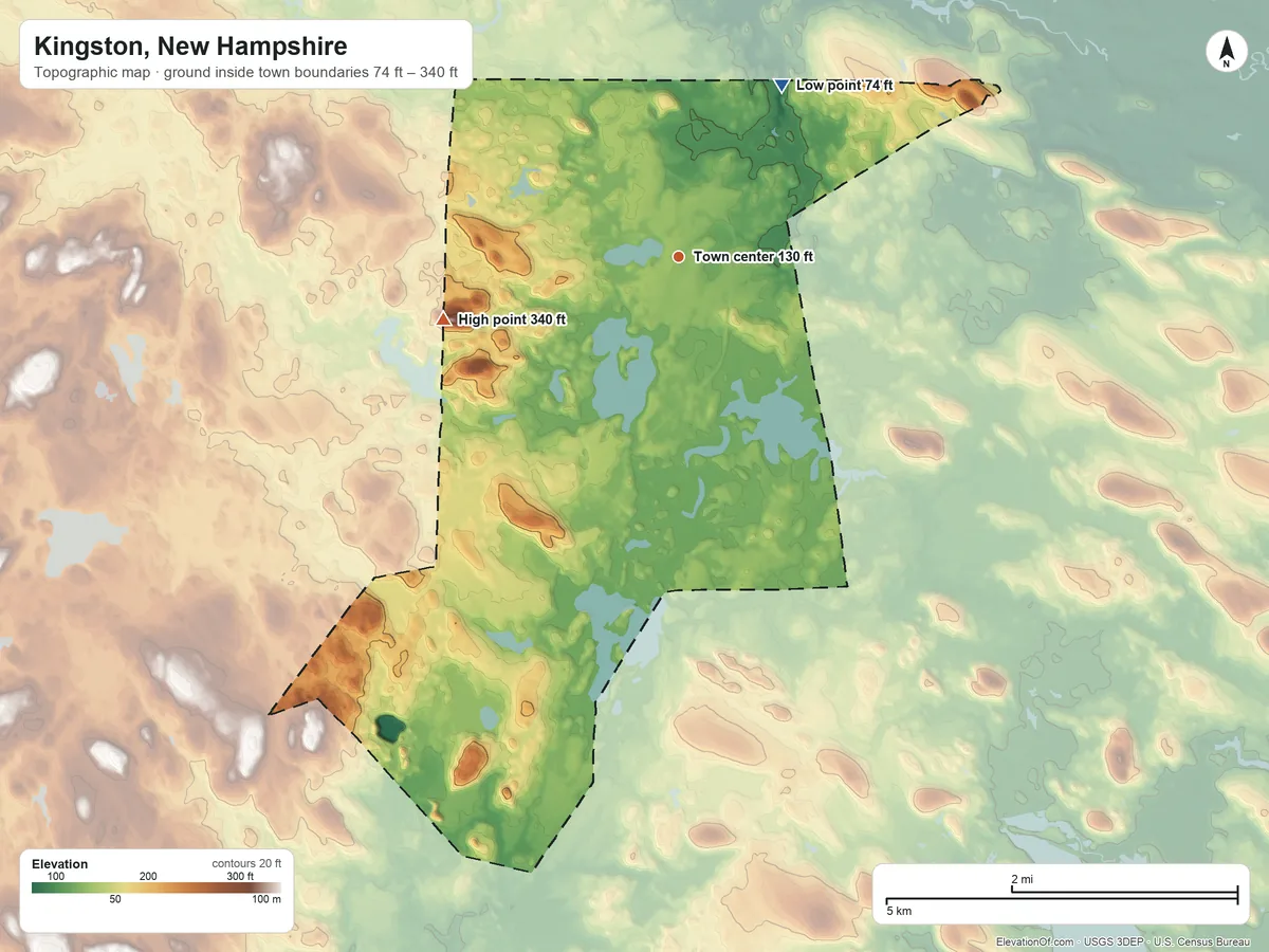 Topographic elevation map of Kingston, New Hampshire, shaded from 74 ft on the northeast side to 340 ft on Rock Rimmon Hill