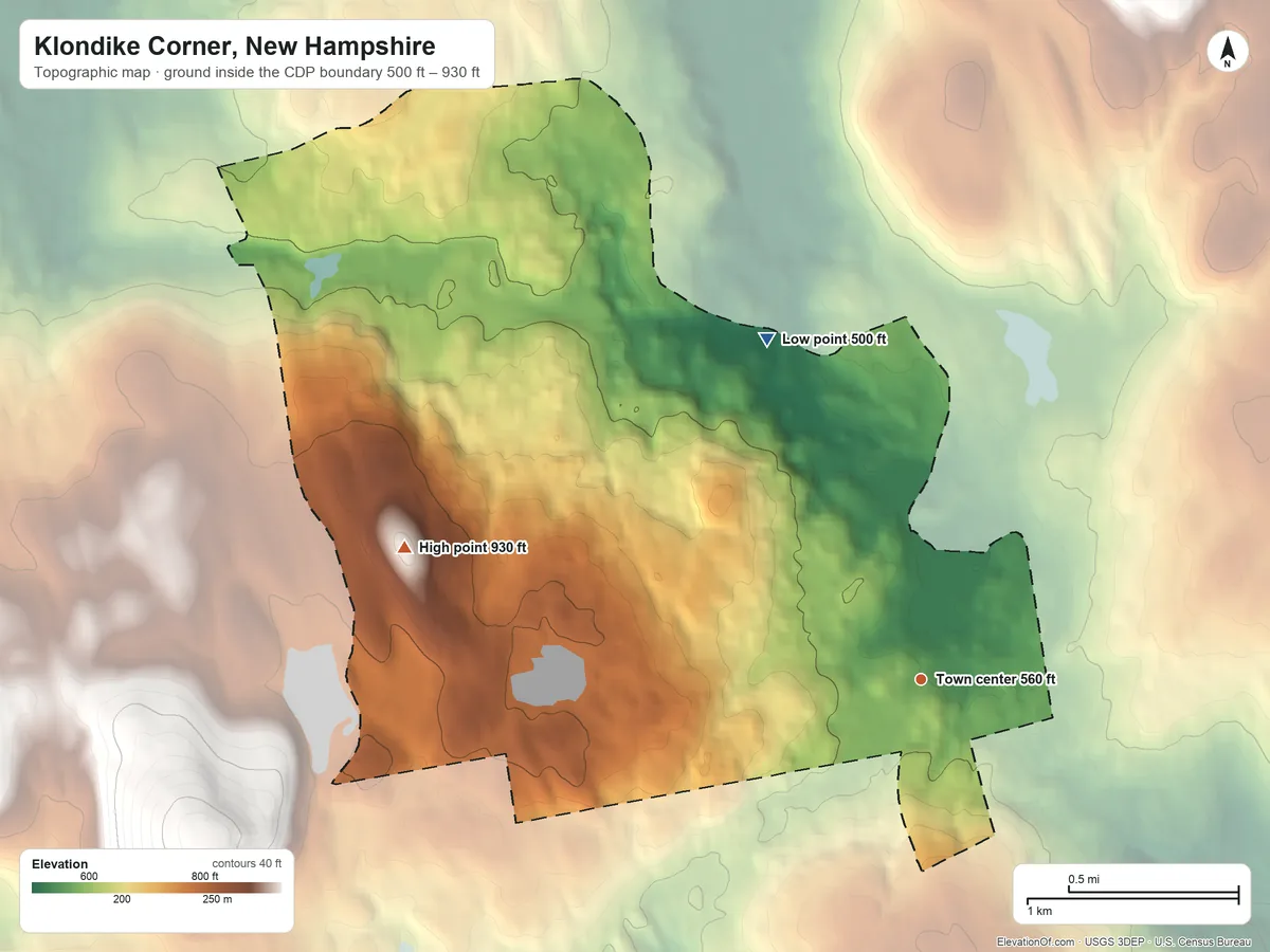 Topographic elevation map of Klondike Corner, New Hampshire, shaded from 500 ft on the northwest side to 930 ft on the west edge, below higher ground just outside