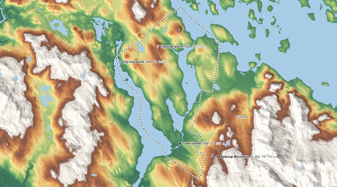 Topographic elevation map of Laconia, New Hampshire, shaded from 480 ft on the northwest side to 960 ft on the north side