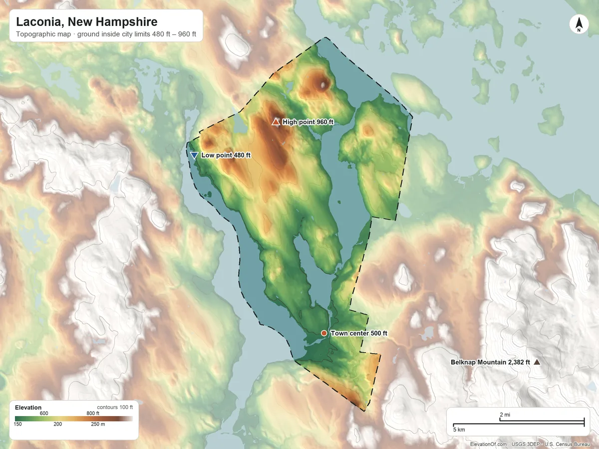 Topographic elevation map of Laconia, New Hampshire, shaded from 480 ft on the northwest side to 960 ft on the north side