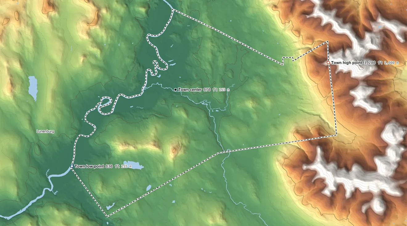 Topographic elevation map of Lancaster, New Hampshire, shaded from 830 ft on the southwest side to 3,280 ft at the foot of the Pilot Range