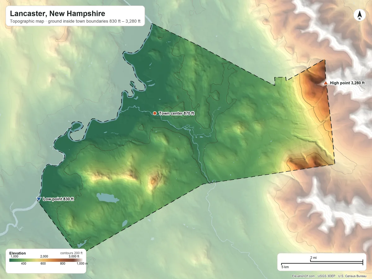 Topographic elevation map of Lancaster, New Hampshire, shaded from 830 ft on the southwest side to 3,280 ft at the foot of the Pilot Range