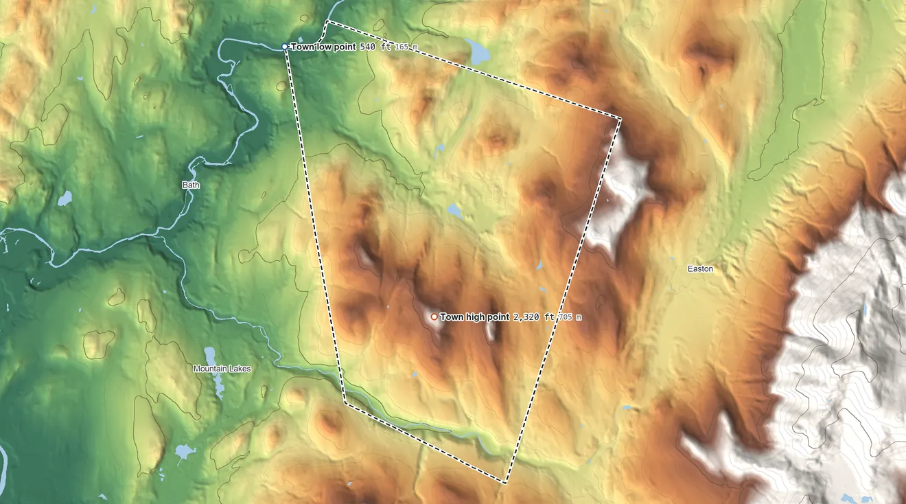 Topographic elevation map of Landaff, New Hampshire, shaded from 540 ft on the northwest side to 2,320 ft on Moody Ledge