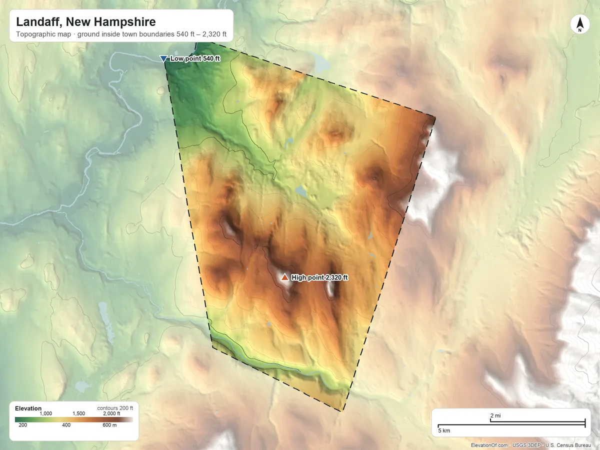 Topographic elevation map of Landaff, New Hampshire, shaded from 540 ft on the northwest side to 2,320 ft on Moody Ledge