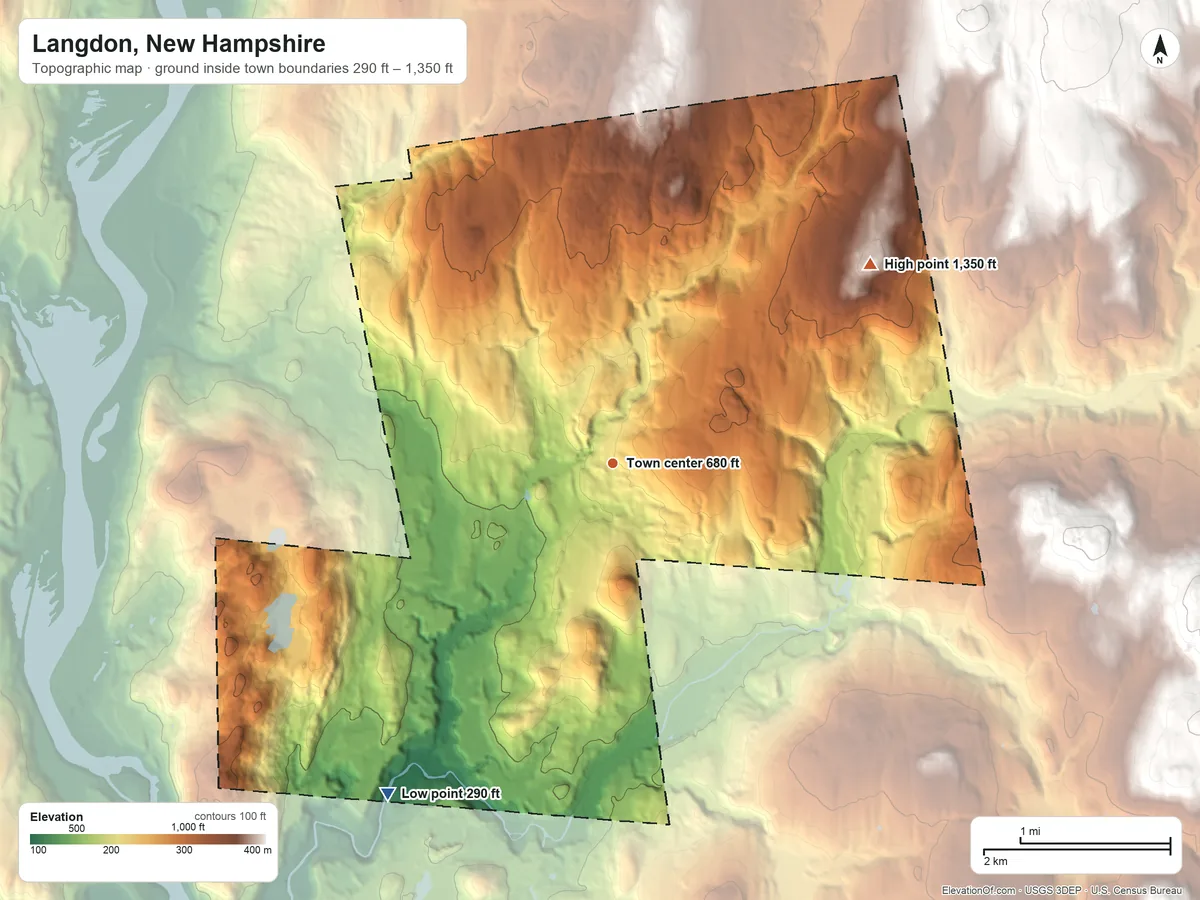Topographic elevation map of Langdon, New Hampshire, shaded from 290 ft on the southwest side to 1,350 ft on Holden Hill