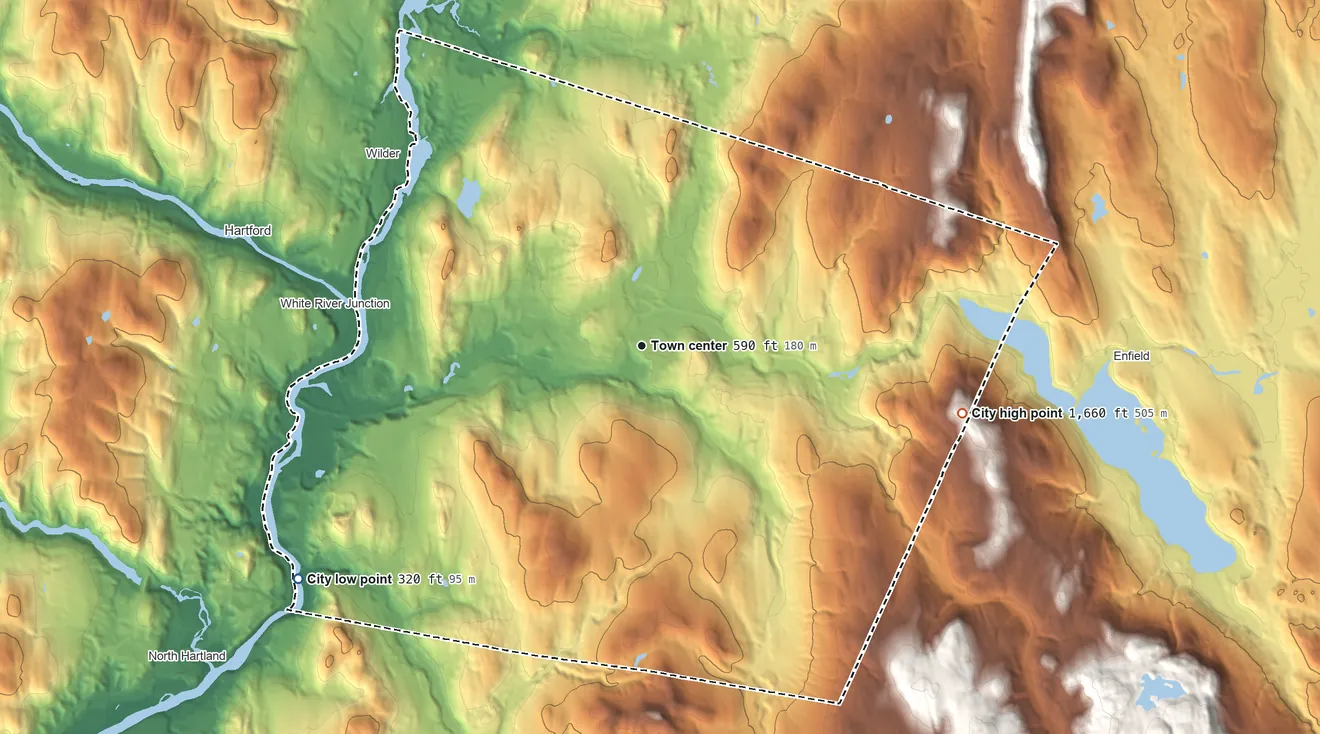 Topographic elevation map of Lebanon, New Hampshire, shaded from 320 ft on the southwest side to 1,660 ft on the east side