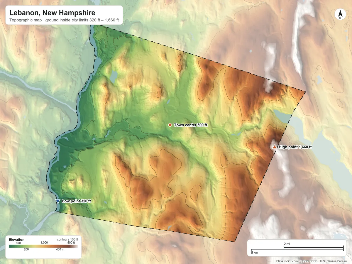Topographic elevation map of Lebanon, New Hampshire, shaded from 320 ft on the southwest side to 1,660 ft on the east side