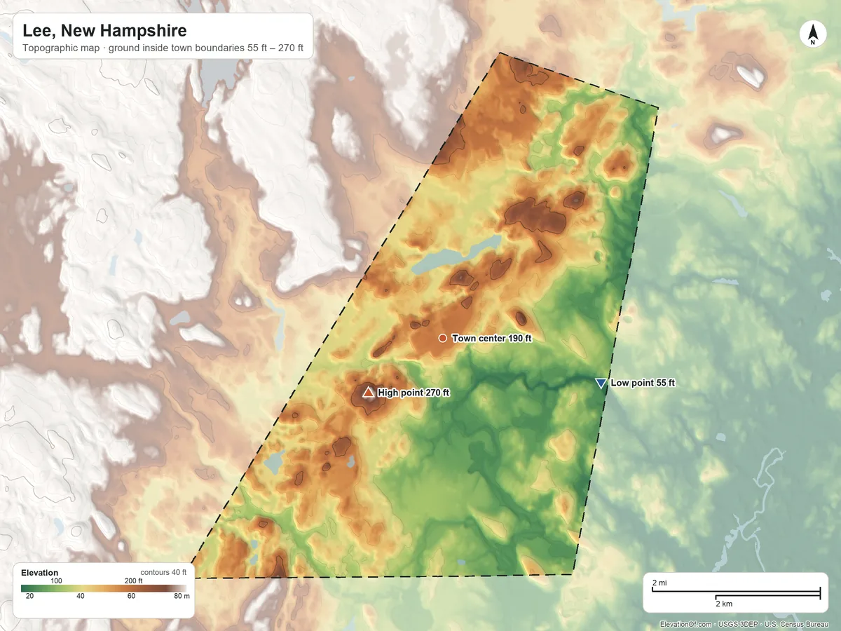 Topographic elevation map of Lee, New Hampshire, shaded from 55 ft on the east side to 270 ft on the southwest side