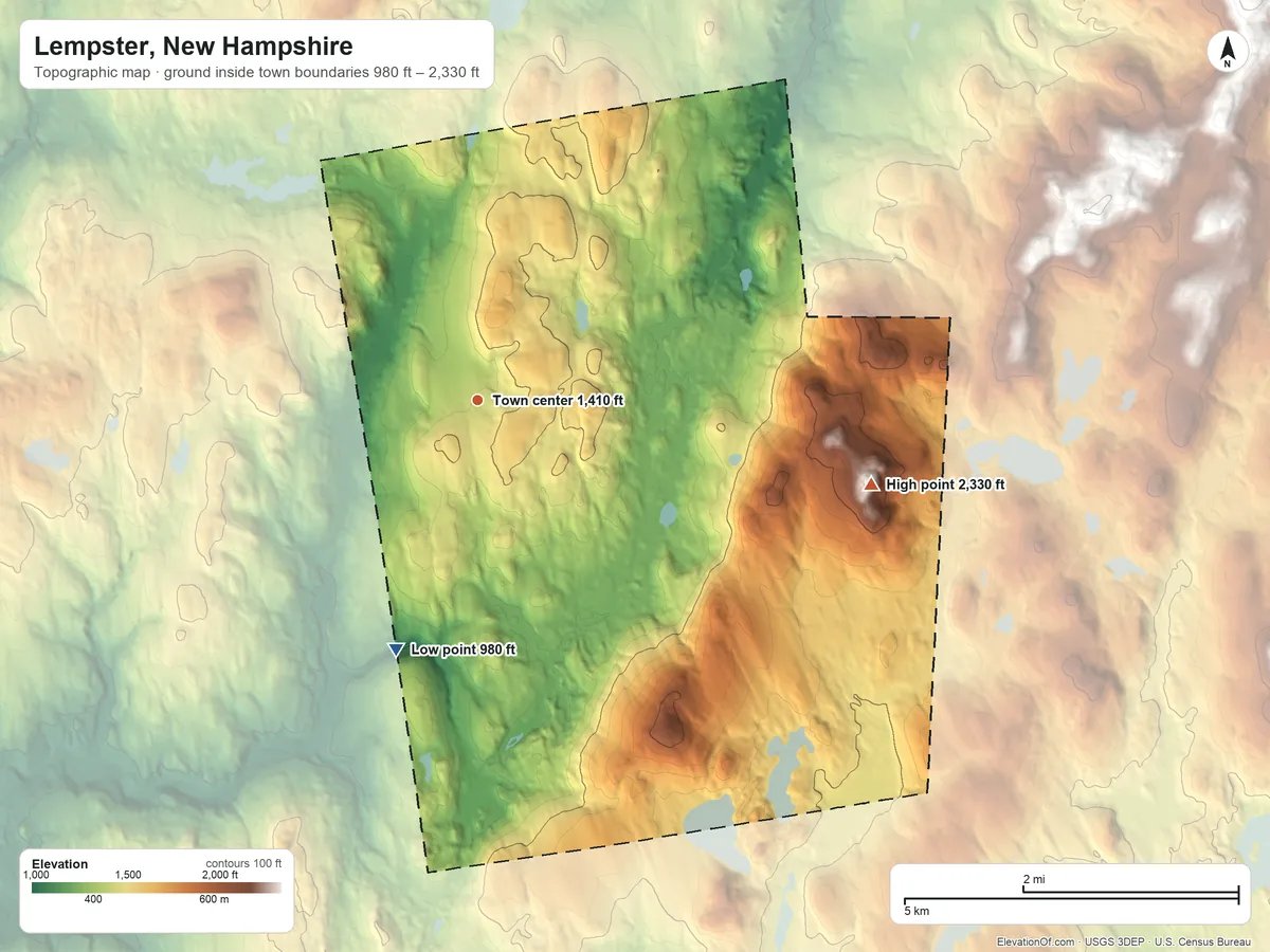 Topographic elevation map of Lempster, New Hampshire, shaded from 980 ft on the south side to 2,330 ft on Bean Mountain