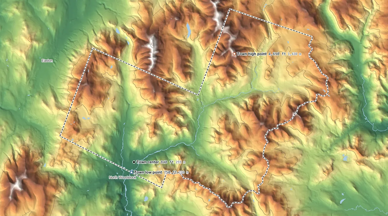 Topographic elevation map of Lincoln, New Hampshire, shaded from 750 ft near the middle to 4,690 ft on Mount Bond