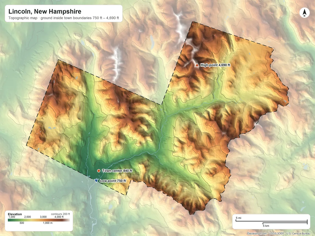 Topographic elevation map of Lincoln, New Hampshire, shaded from 750 ft near the middle to 4,690 ft on Mount Bond