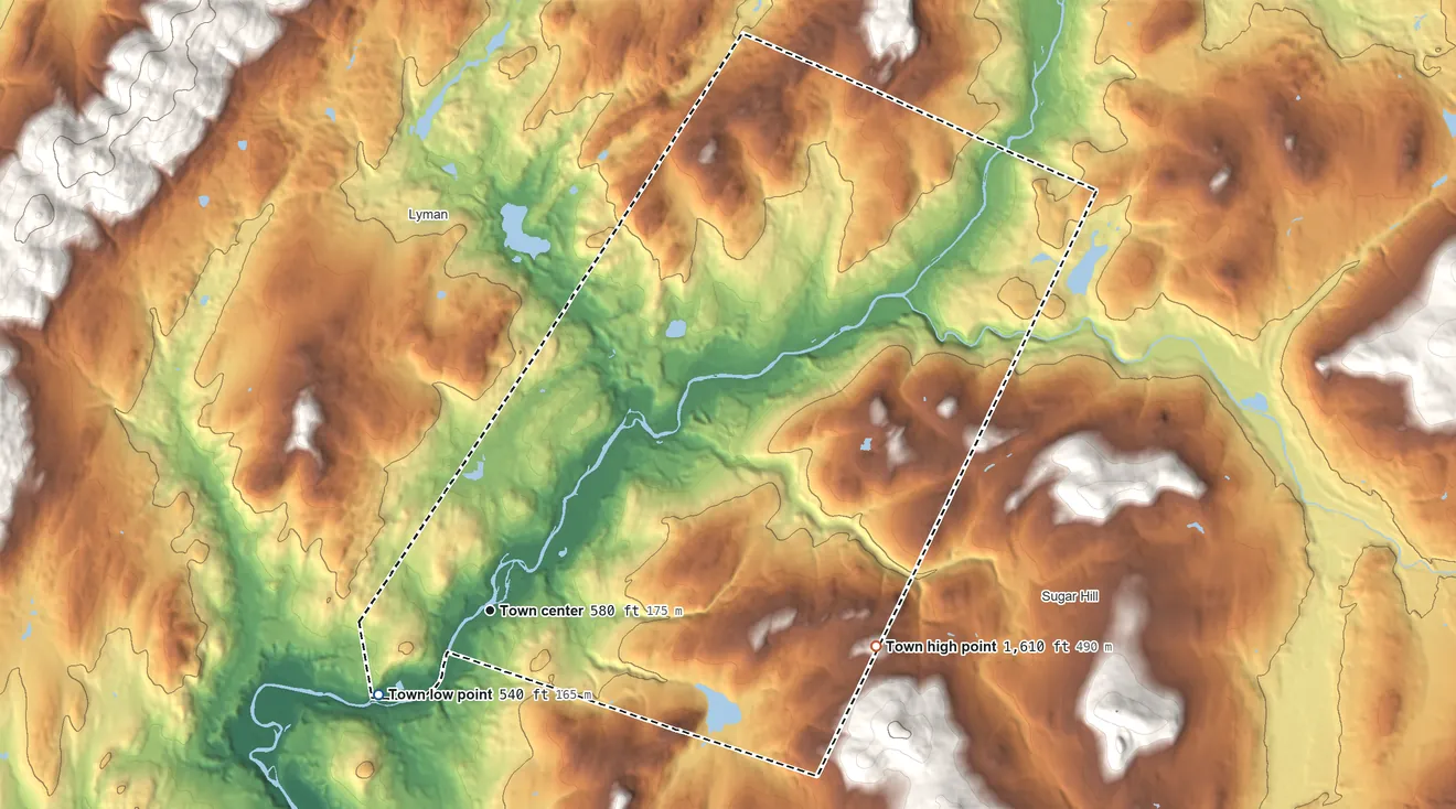 Topographic elevation map of Lisbon, New Hampshire, shaded from 540 ft on the southwest side to 1,610 ft on the east edge, below higher ground just outside