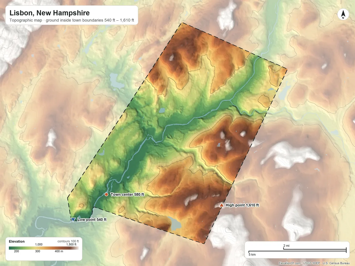 Topographic elevation map of Lisbon, New Hampshire, shaded from 540 ft on the southwest side to 1,610 ft on the east edge, below higher ground just outside