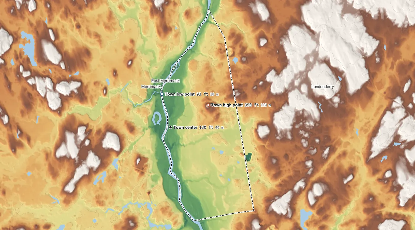 Topographic elevation map of Litchfield, New Hampshire, shaded from 93 ft on the north side to 350 ft on Rocky Hill