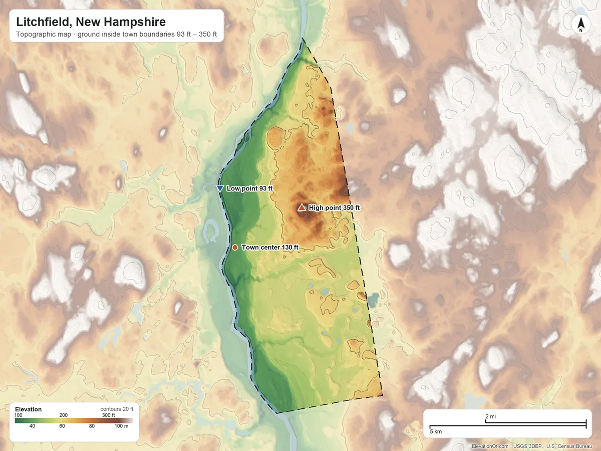 Topographic elevation map of Litchfield, New Hampshire, shaded from 93 ft on the north side to 350 ft on Rocky Hill