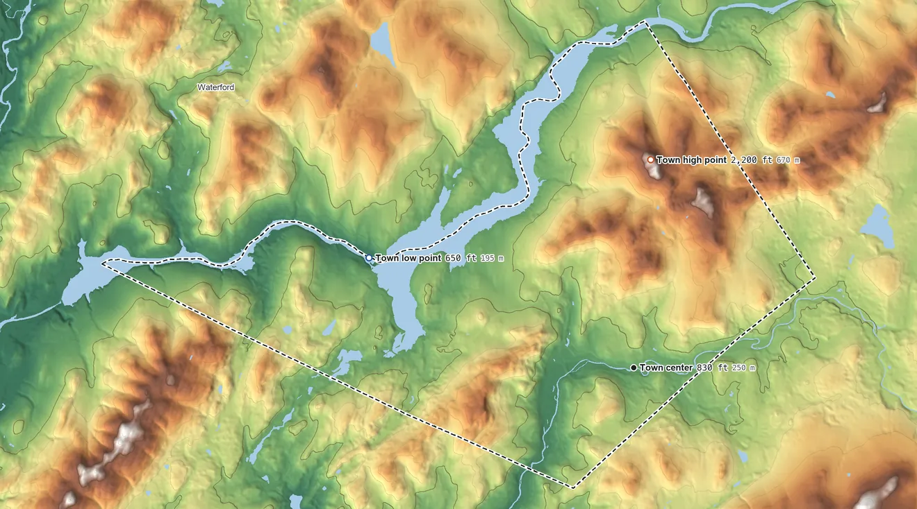 Topographic elevation map of Littleton, New Hampshire, shaded from 650 ft on the northwest side to 2,200 ft on the north side