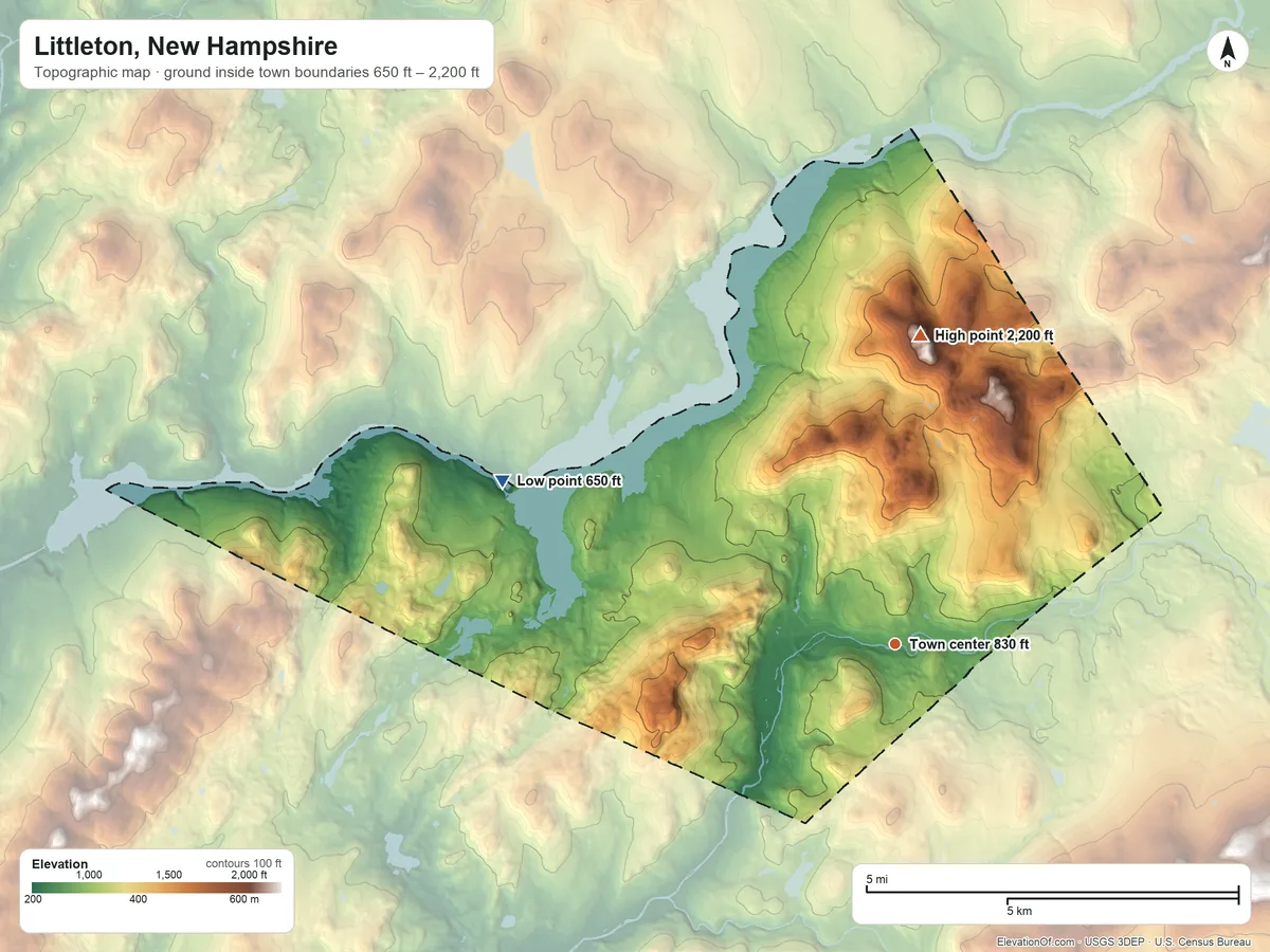 Topographic elevation map of Littleton, New Hampshire, shaded from 650 ft on the northwest side to 2,200 ft on the north side