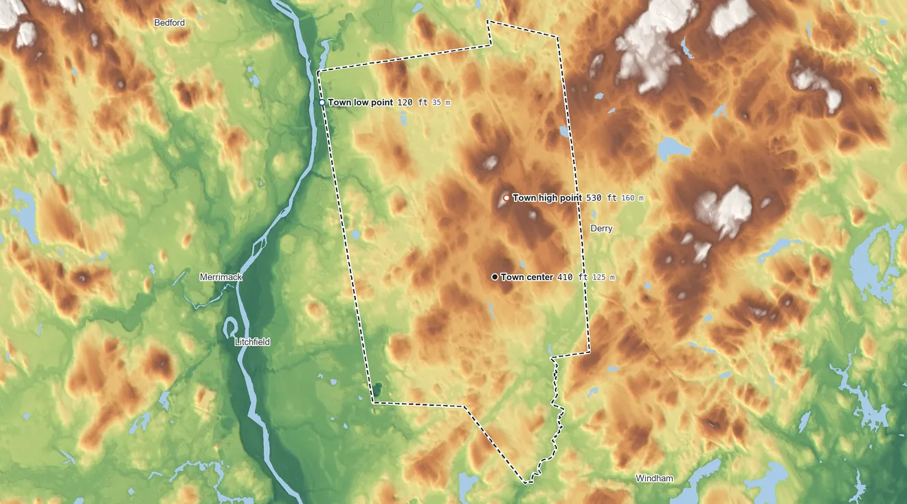 Topographic elevation map of Londonderry, New Hampshire, shaded from 120 ft on the northwest side to 530 ft on the north side