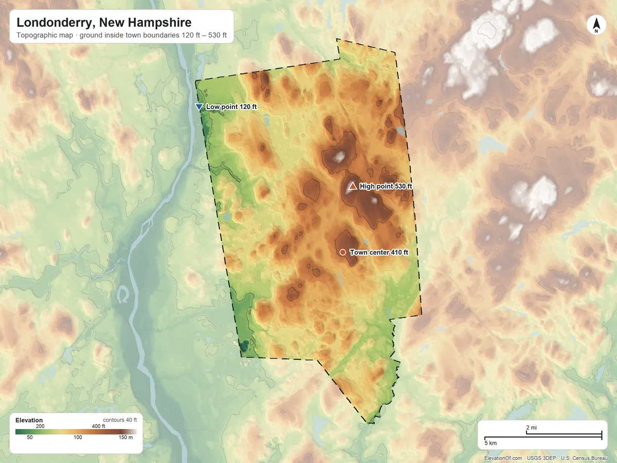 Topographic elevation map of Londonderry, New Hampshire, shaded from 120 ft on the northwest side to 530 ft on the north side