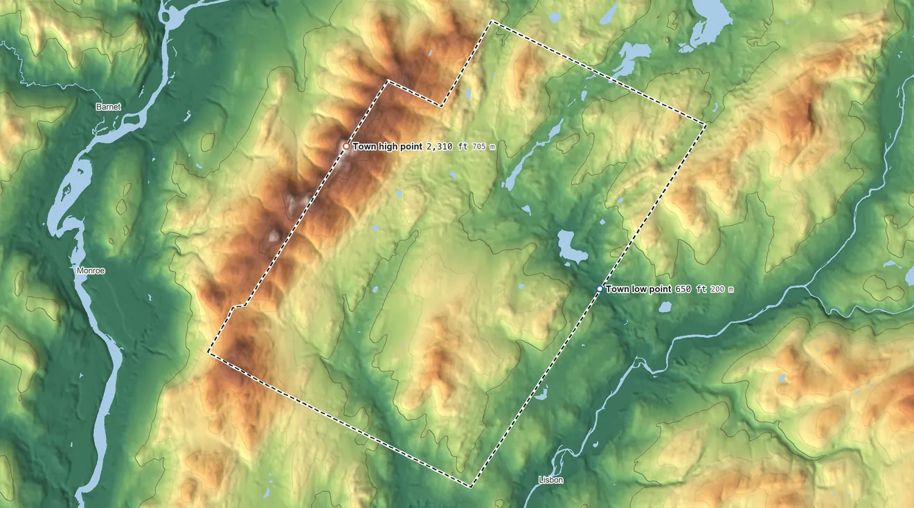 Topographic elevation map of Lyman, New Hampshire, shaded from 650 ft on the southeast side to 2,309 ft on Signal Mountain