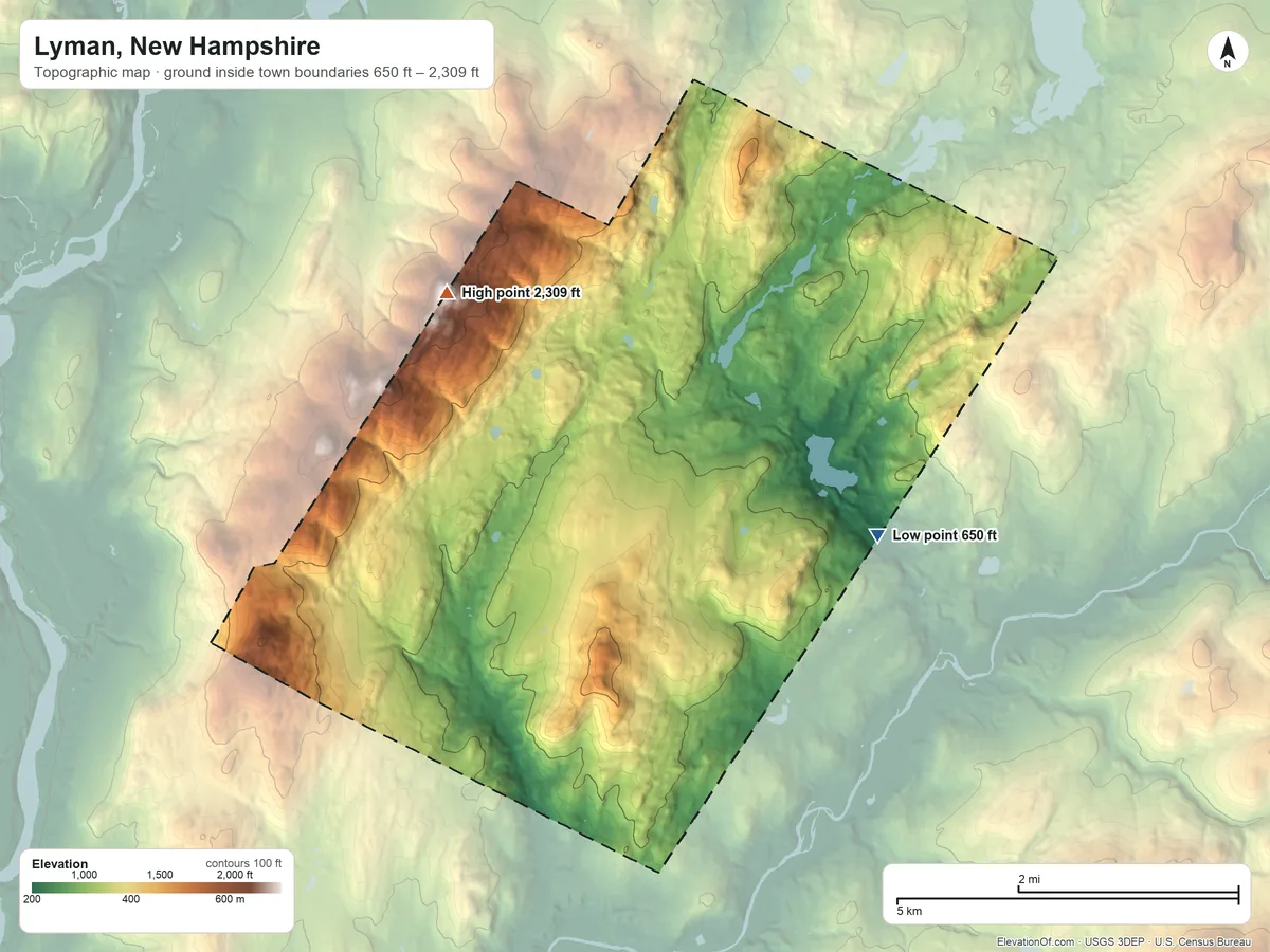 Topographic elevation map of Lyman, New Hampshire, shaded from 650 ft on the southeast side to 2,309 ft on Signal Mountain