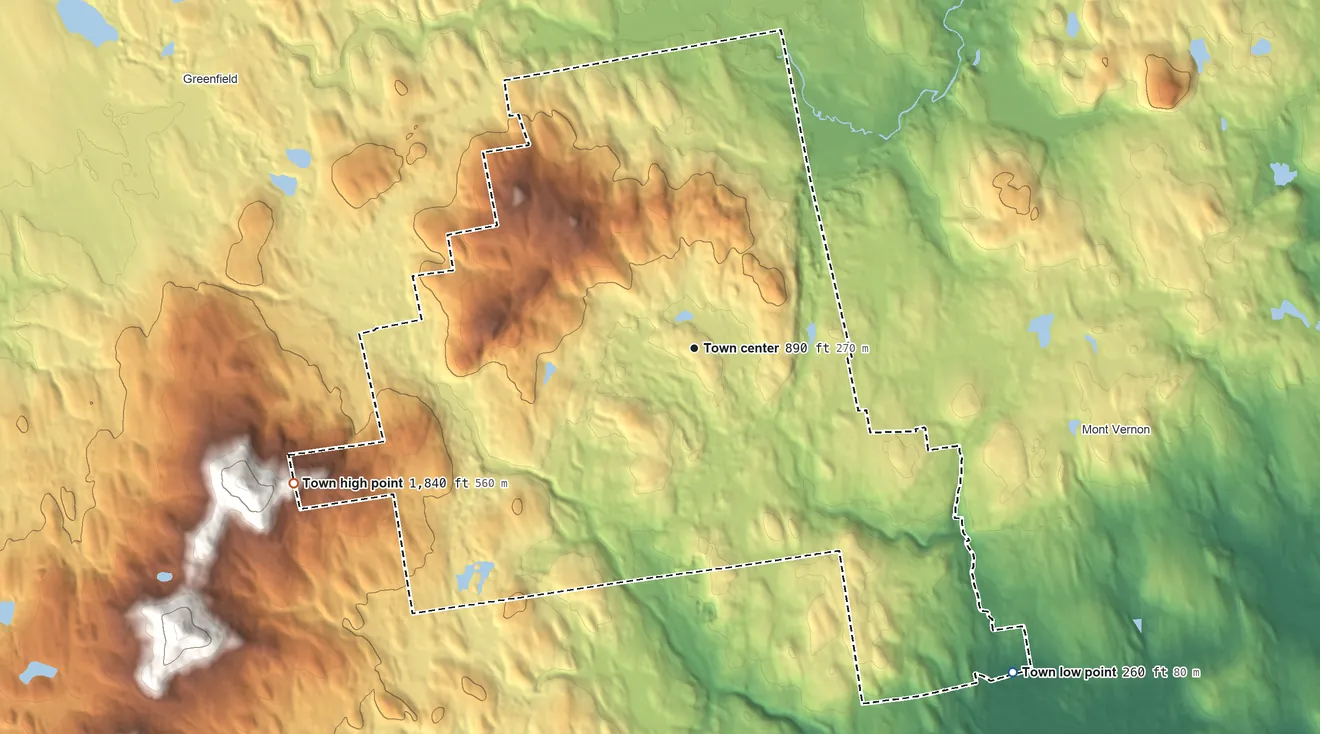 Topographic elevation map of Lyndeborough, New Hampshire, shaded from 260 ft on the southeast side to 1,840 ft at the foot of the Wapack Range