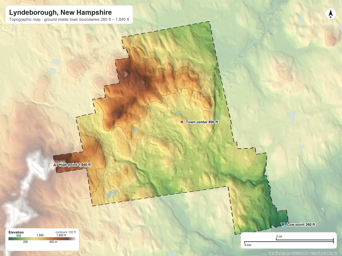 Topographic elevation map of Lyndeborough, New Hampshire, shaded from 260 ft on the southeast side to 1,840 ft at the foot of the Wapack Range
