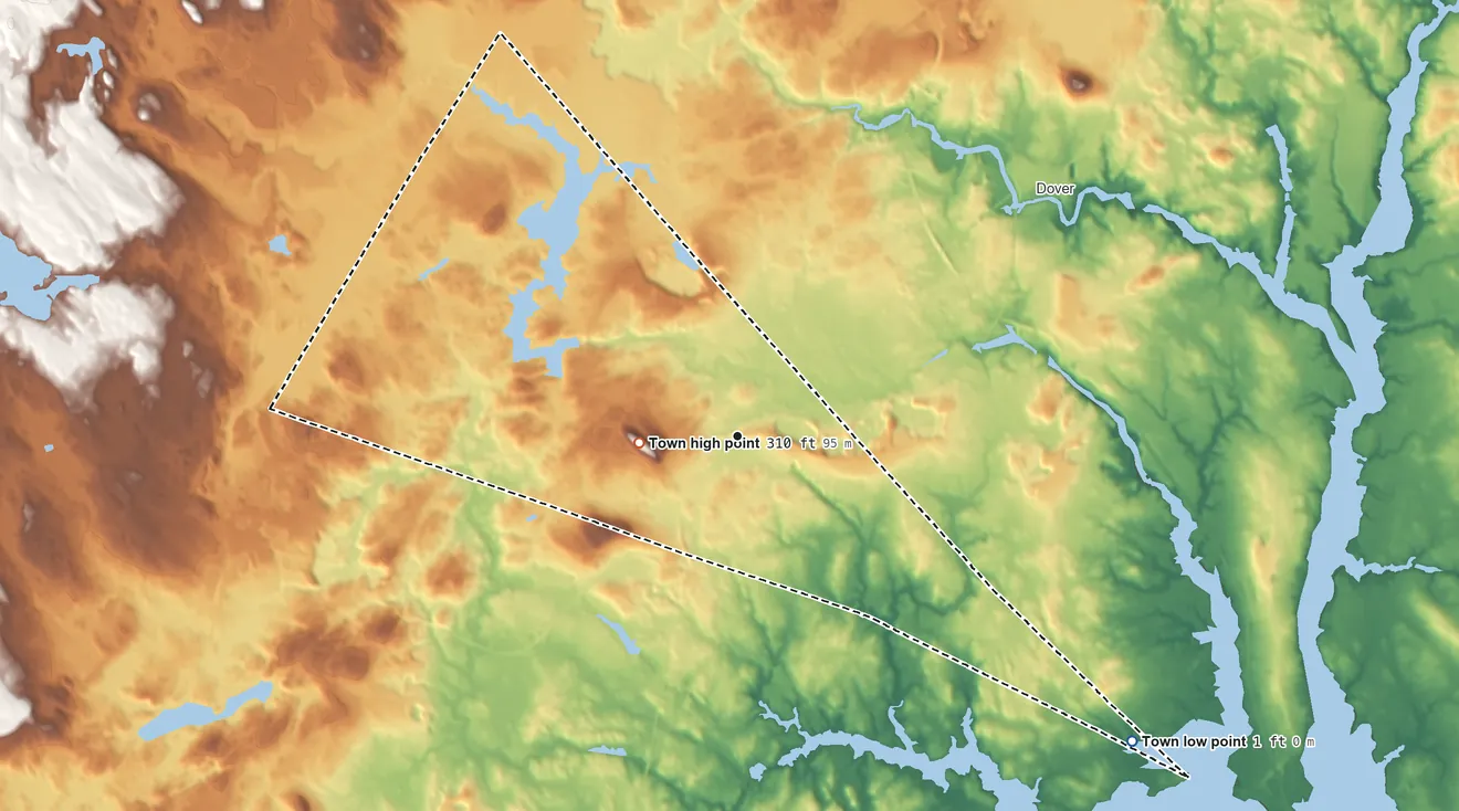 Topographic elevation map of Madbury, New Hampshire, shaded from 1 ft on the southeast side to 310 ft on Hicks Hill