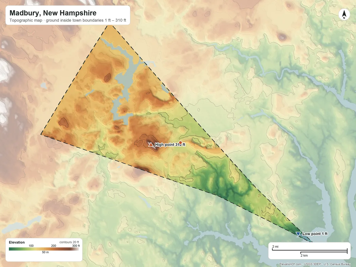 Topographic elevation map of Madbury, New Hampshire, shaded from 1 ft on the southeast side to 310 ft on Hicks Hill