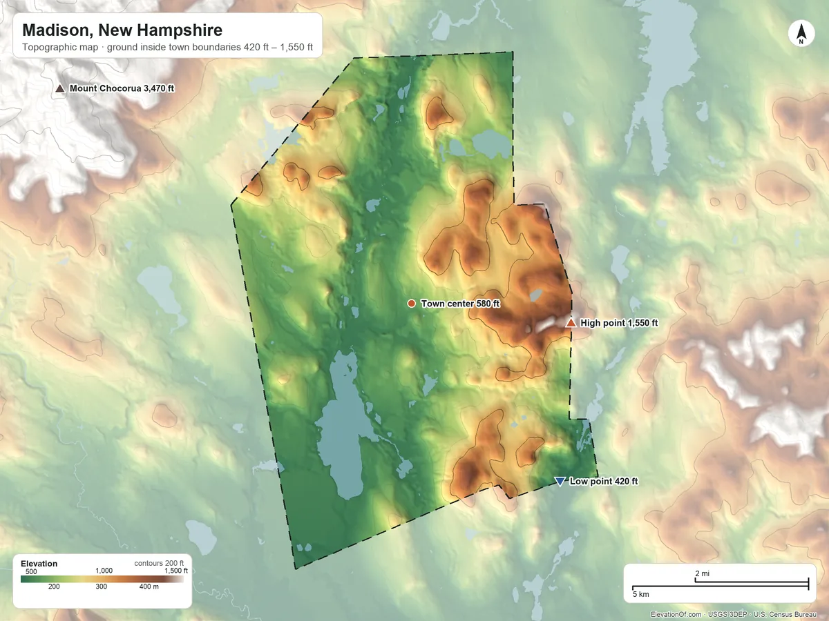 Topographic elevation map of Madison, New Hampshire, shaded from 420 ft on the southeast side to 1,550 ft on the east side