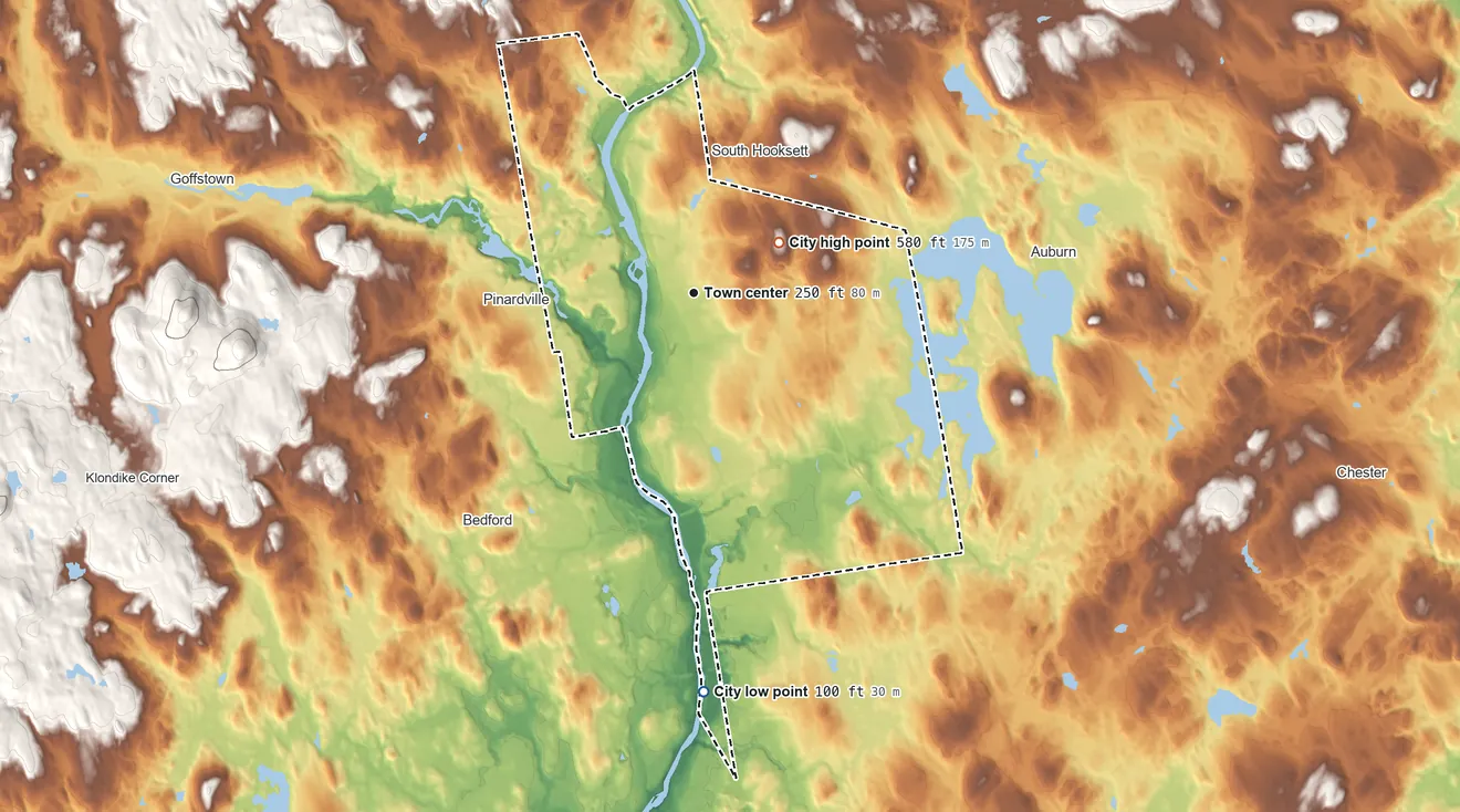 Topographic elevation map of Manchester, New Hampshire, shaded from 100 ft on the south side to 580 ft on the northeast side