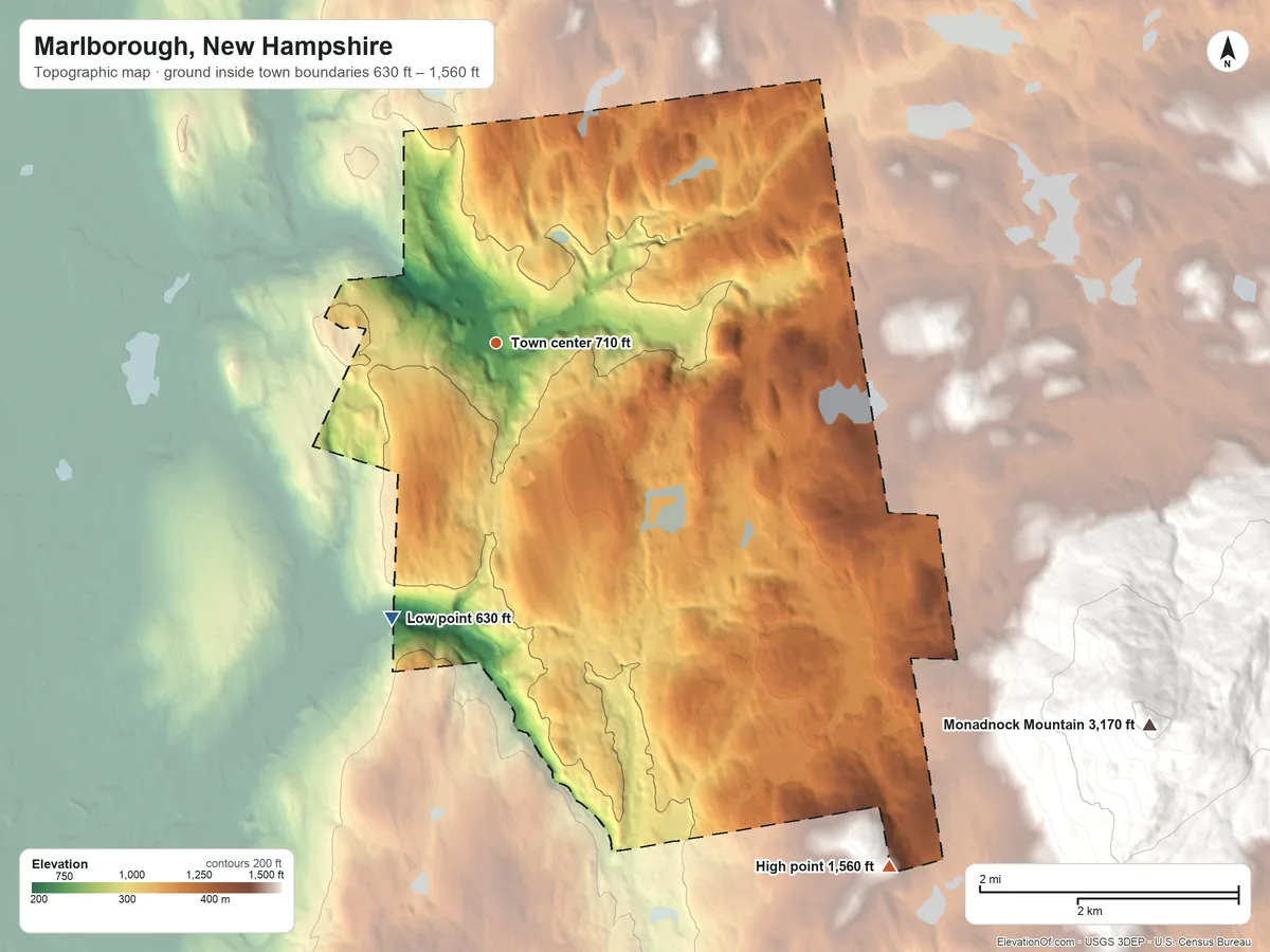 Topographic elevation map of Marlborough, New Hampshire, shaded from 630 ft on the south side to 1,560 ft at the foot of the Franconia Mountain Range