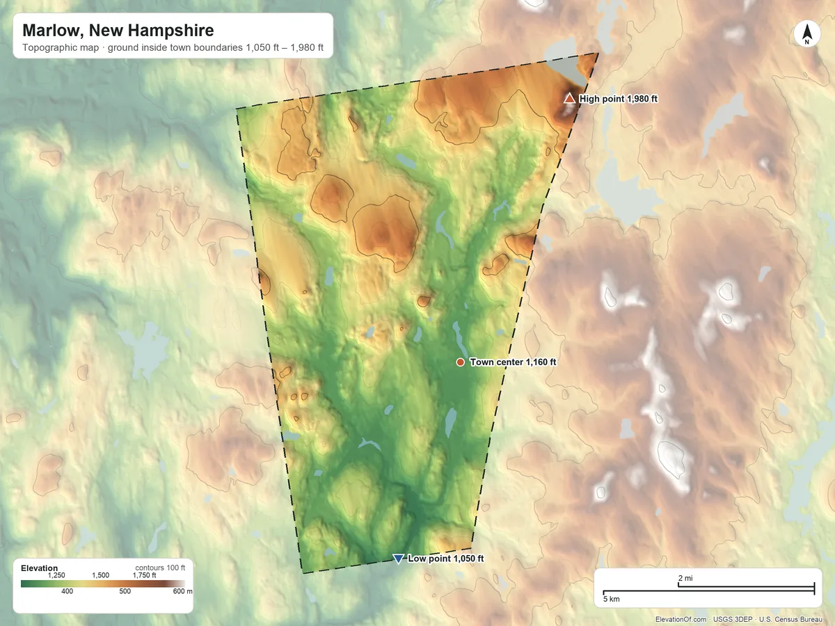 Topographic elevation map of Marlow, New Hampshire, shaded from 1,050 ft on the south side to 1,980 ft on Huntley Mountain