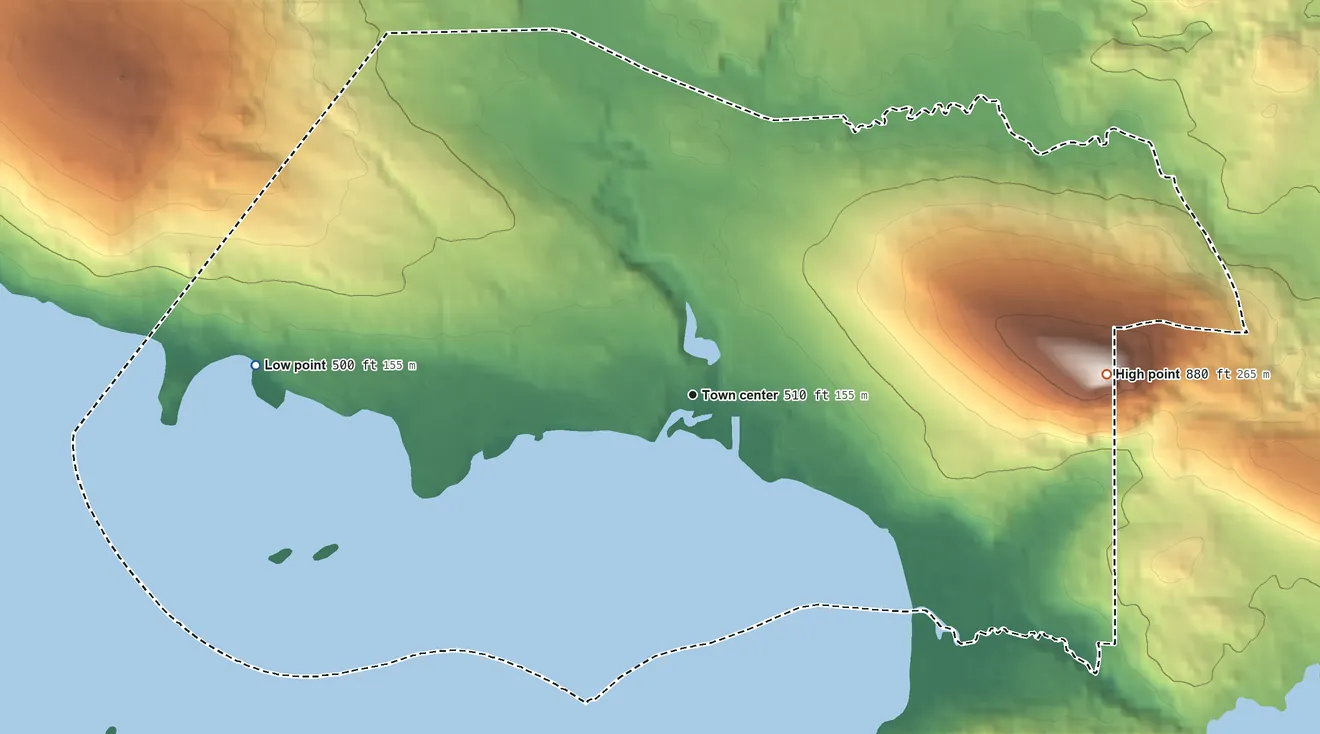 Topographic elevation map of Melvin Village, New Hampshire, shaded from 500 ft on the west side to 880 ft on Prospect Hill