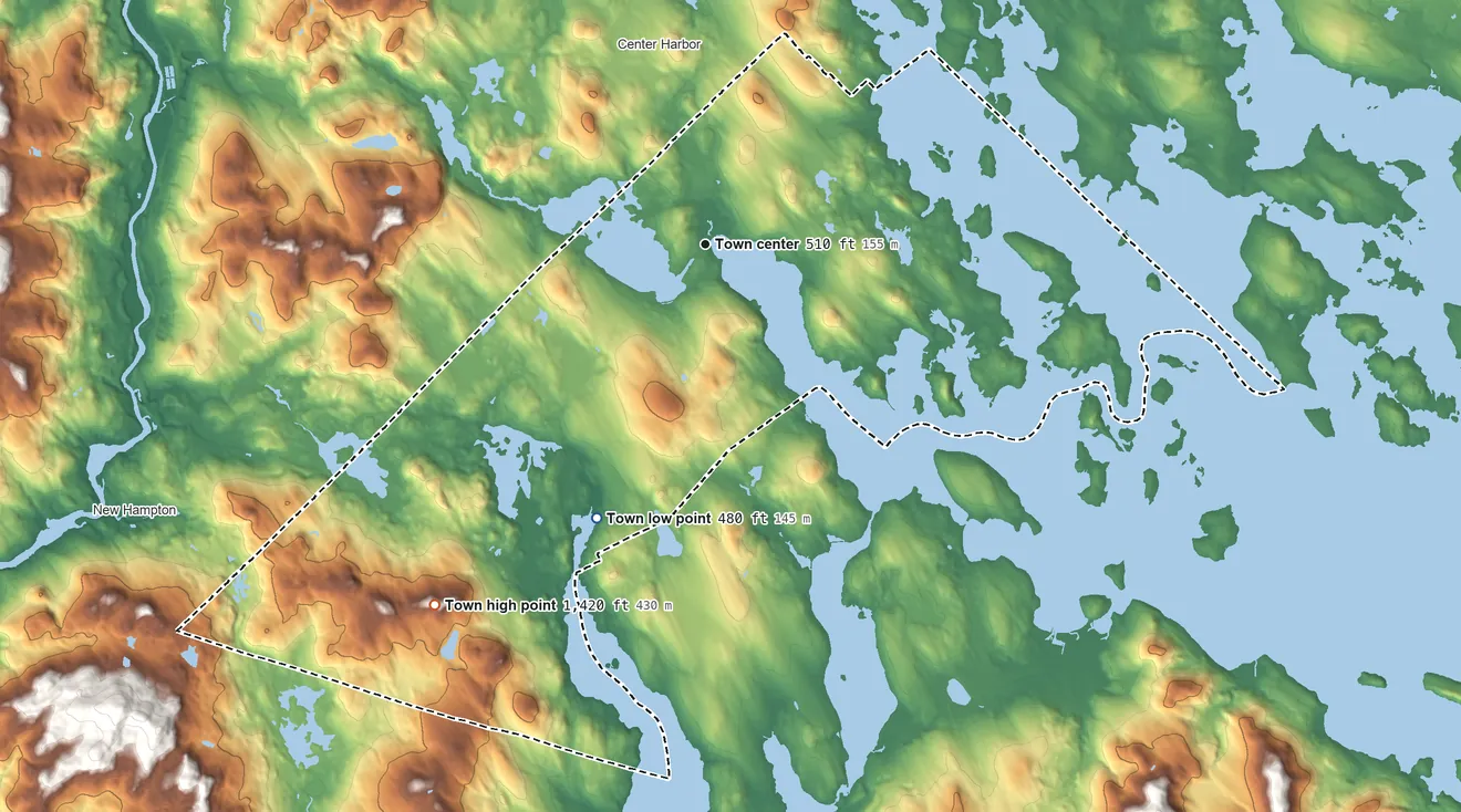 Topographic elevation map of Meredith, New Hampshire, shaded from 480 ft on the south side to 1,420 ft on Leavitt Mountain