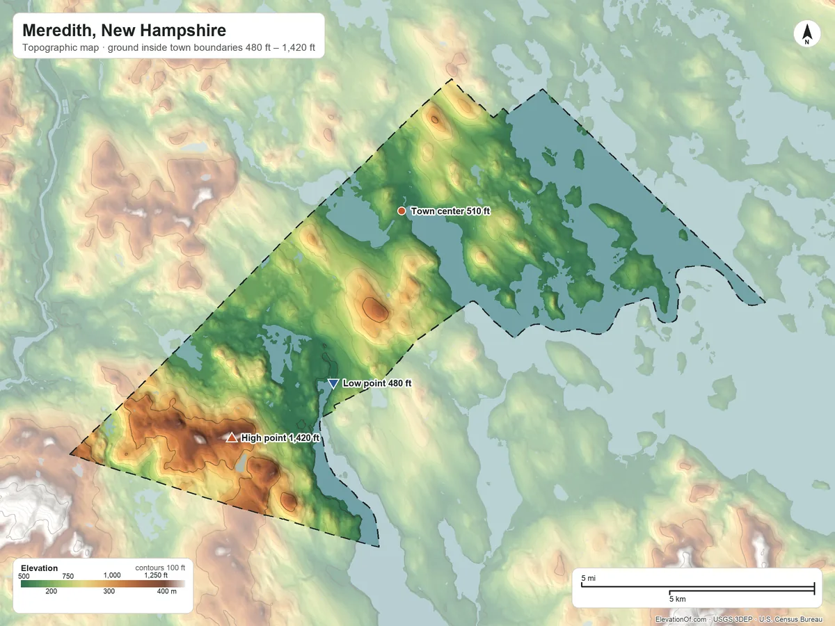 Topographic elevation map of Meredith, New Hampshire, shaded from 480 ft on the south side to 1,420 ft on Leavitt Mountain