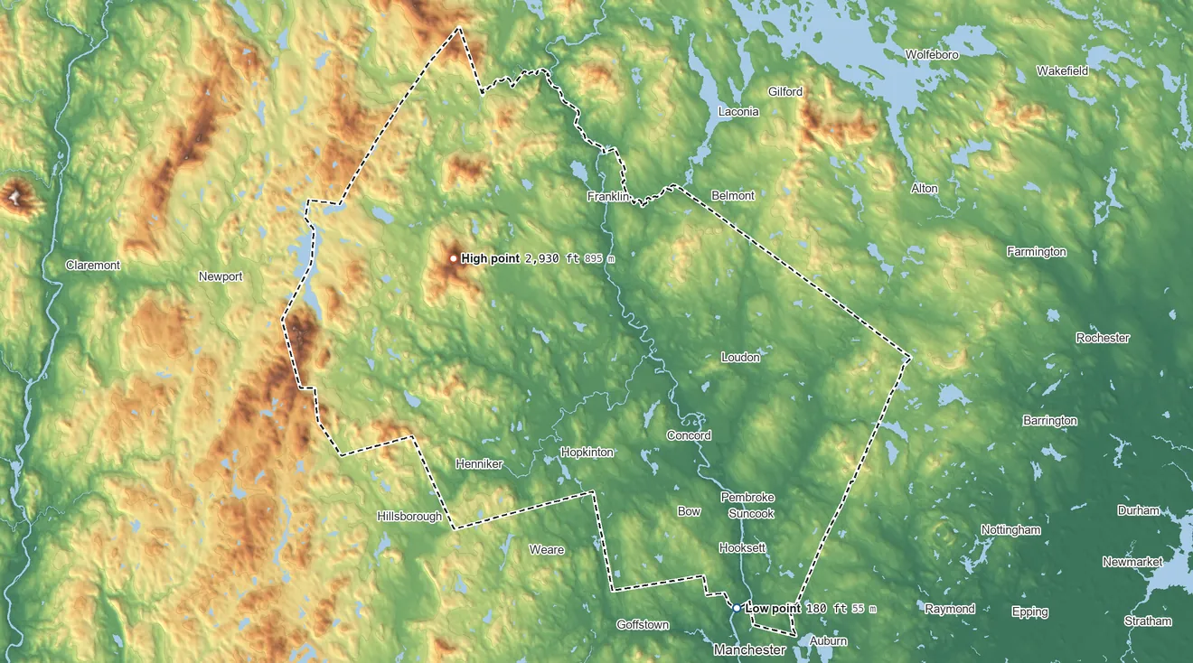 Topographic elevation map of Merrimack County, New Hampshire, shaded from 180 ft on the southeast side to 2,930 ft on Mount Kearsarge