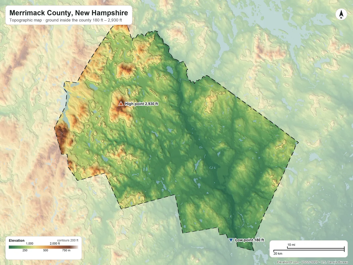 Topographic elevation map of Merrimack County, New Hampshire, shaded from 180 ft on the southeast side to 2,930 ft on Mount Kearsarge