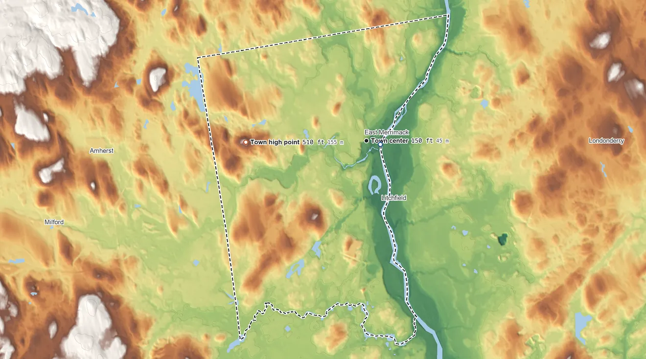 Topographic elevation map of Merrimack, New Hampshire, shaded from 93 ft near the middle to 510 ft on the west side