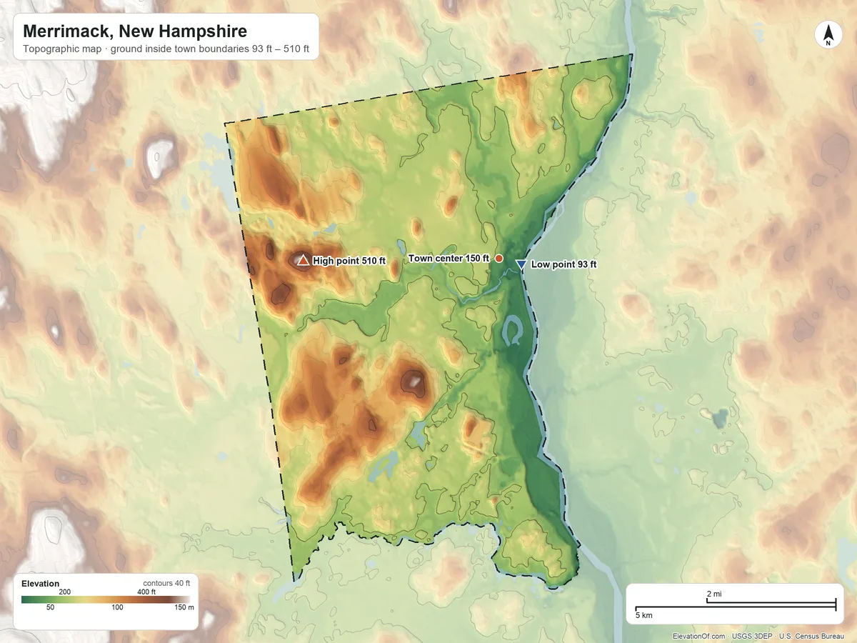 Topographic elevation map of Merrimack, New Hampshire, shaded from 93 ft near the middle to 510 ft on the west side