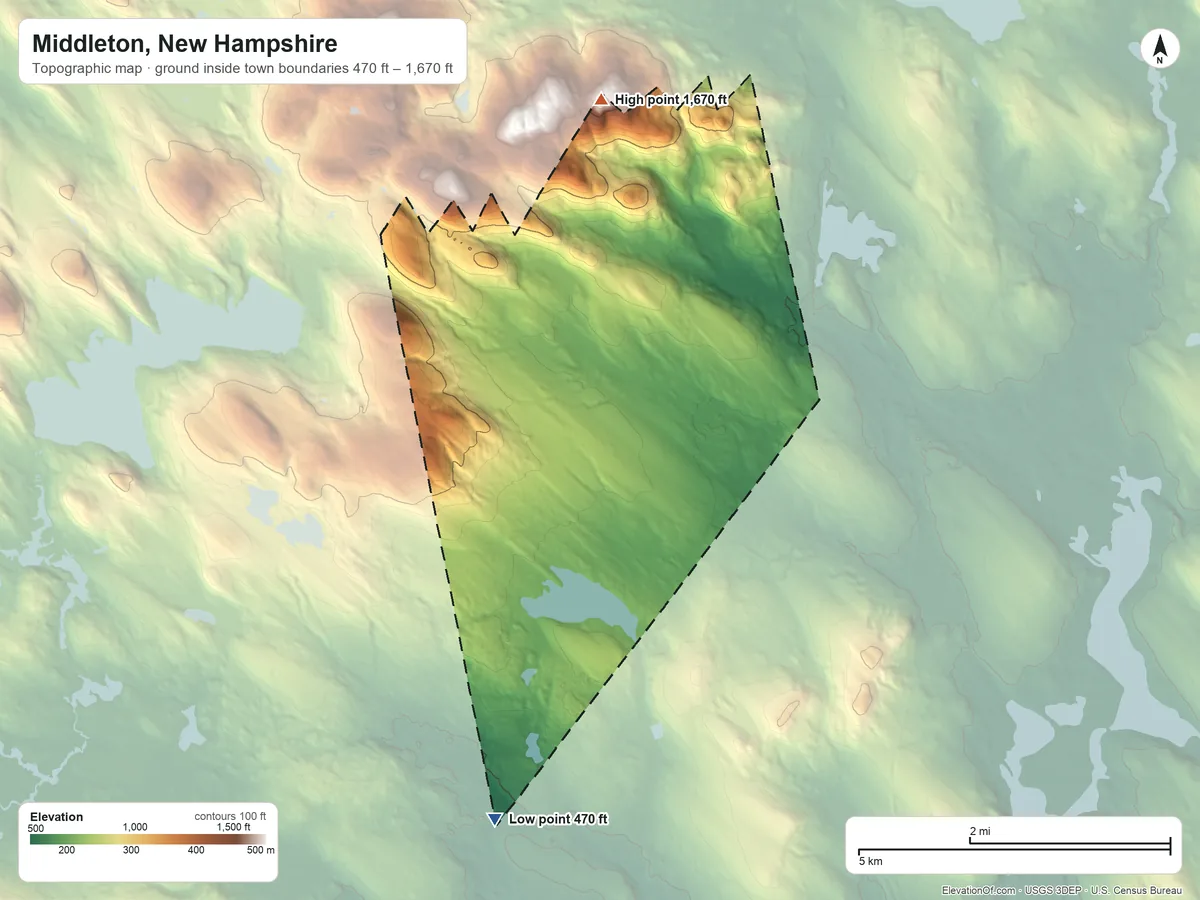 Topographic elevation map of Middleton, New Hampshire, shaded from 470 ft on the south side to 1,670 ft on the north side