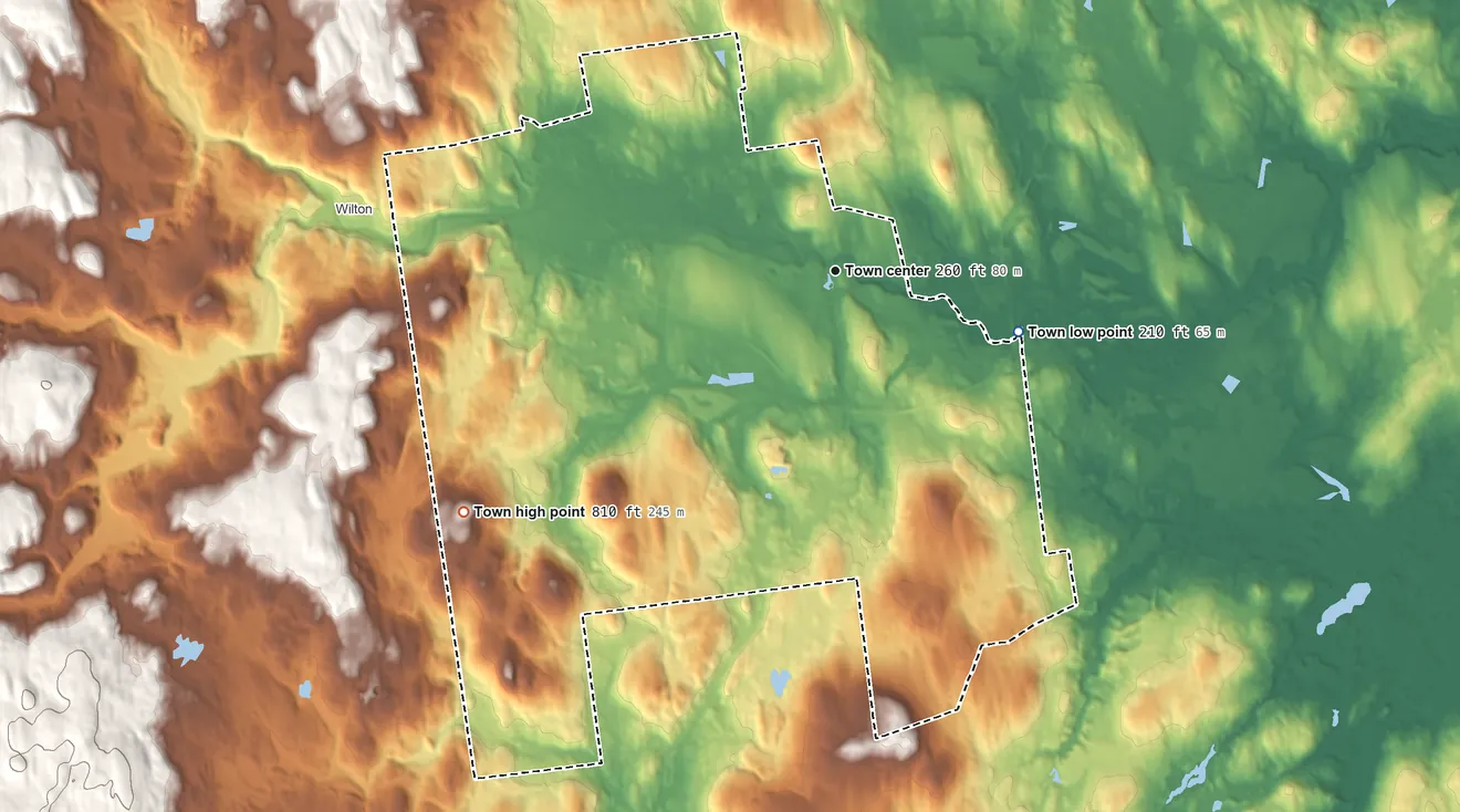 Topographic elevation map of Milford, New Hampshire, shaded from 210 ft on the east side to 810 ft on Boynton Hill