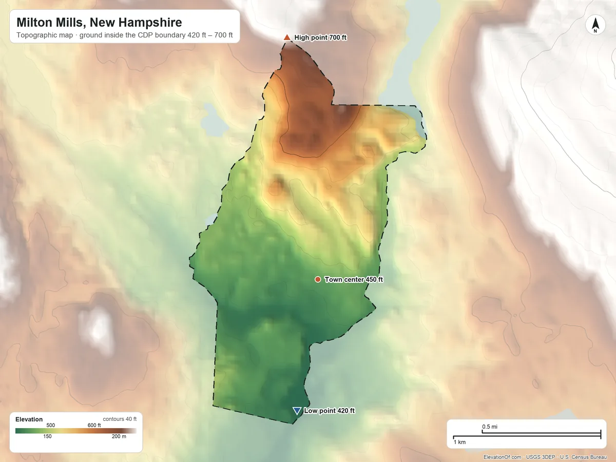 Topographic elevation map of Milton Mills, New Hampshire, shaded from 420 ft on the south side to 700 ft on the north edge, below higher ground just outside