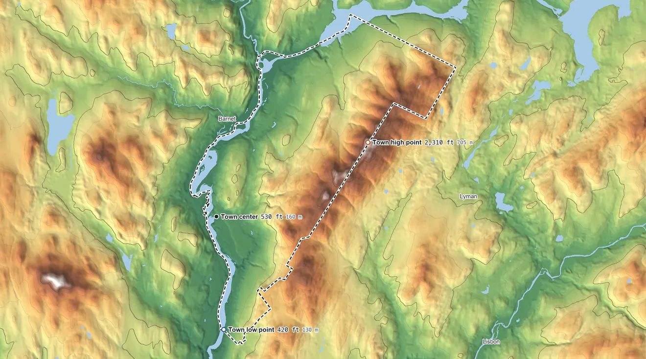 Topographic elevation map of Monroe, New Hampshire, shaded from 420 ft on the south side to 2,309 ft on Signal Mountain