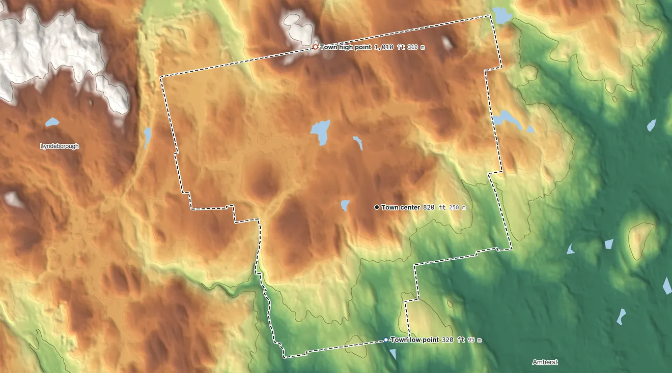 Topographic elevation map of Mont Vernon, New Hampshire, shaded from 320 ft on the south side to 1,010 ft on the north edge, below higher ground just outside