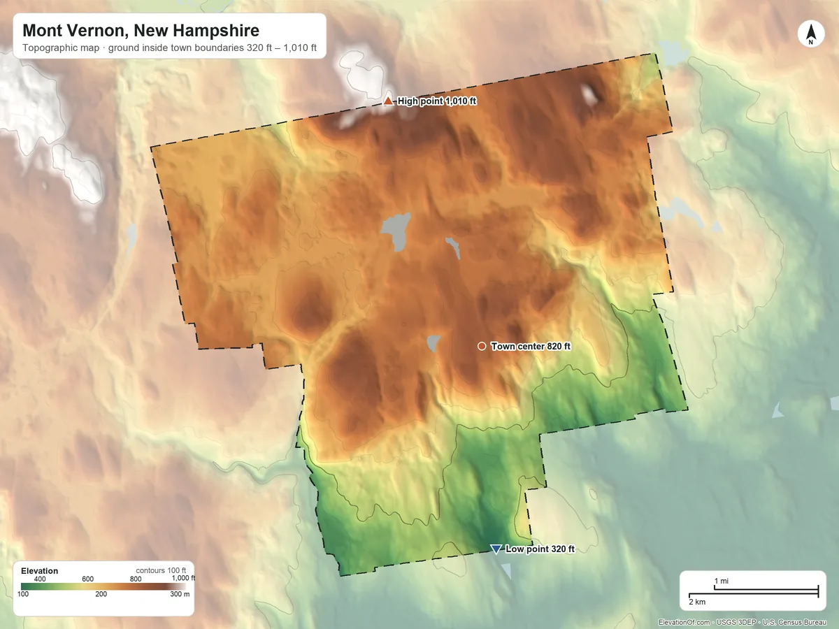 Topographic elevation map of Mont Vernon, New Hampshire, shaded from 320 ft on the south side to 1,010 ft on the north edge, below higher ground just outside