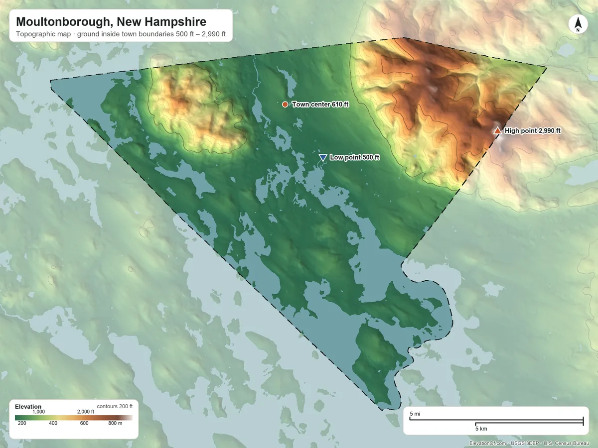 Topographic elevation map of Moultonborough, New Hampshire, shaded from 500 ft on the southeast side to 2,990 ft on Mount Shaw